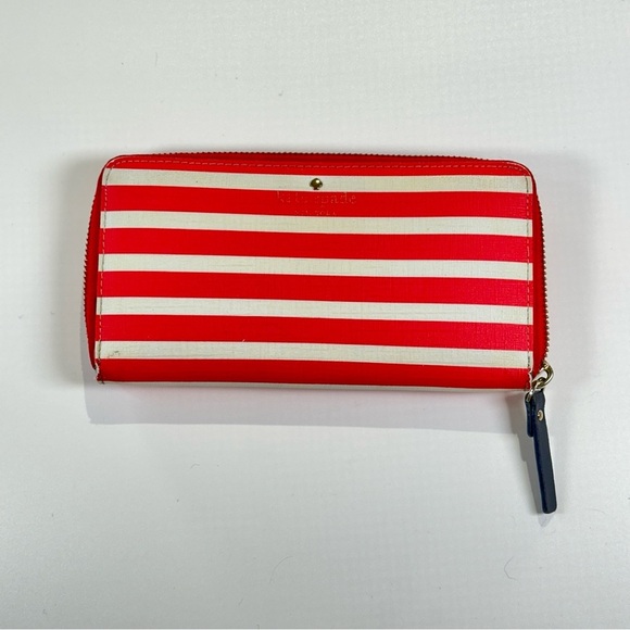 Kate Spade Zip Wallet Coral Cream Stripe Continental - Picture 2 of 13